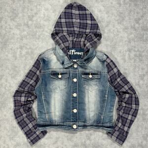 Wallflower Dreamer Fit denim jacket womens M Plaid flannel sleeves Hooded